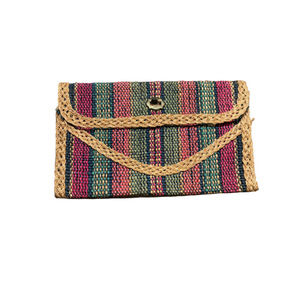 Woven Straw Tan Multicolor Envelope Clutch Bag
